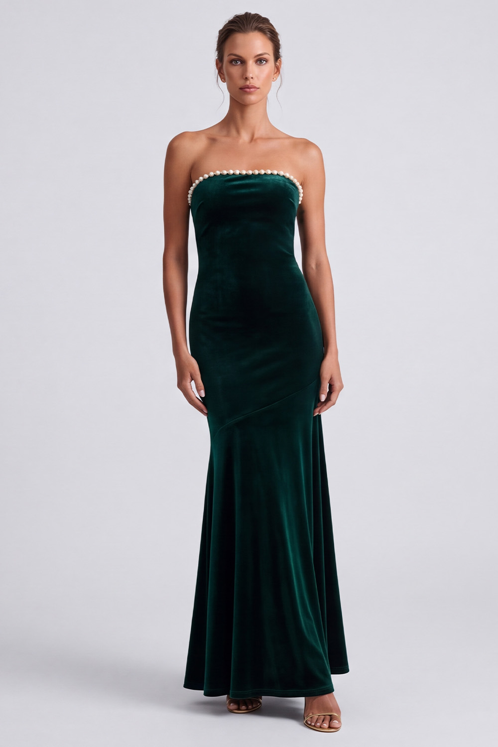 Dark Green Strapless Long Holiday Dress with Bow and Pearls