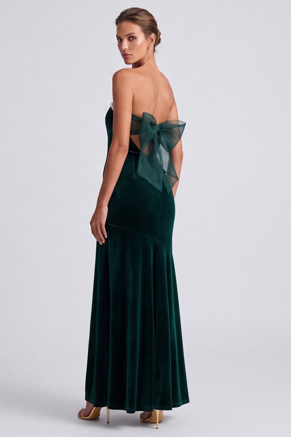 Dark Green Strapless Long Holiday Dress with Bow and Pearls