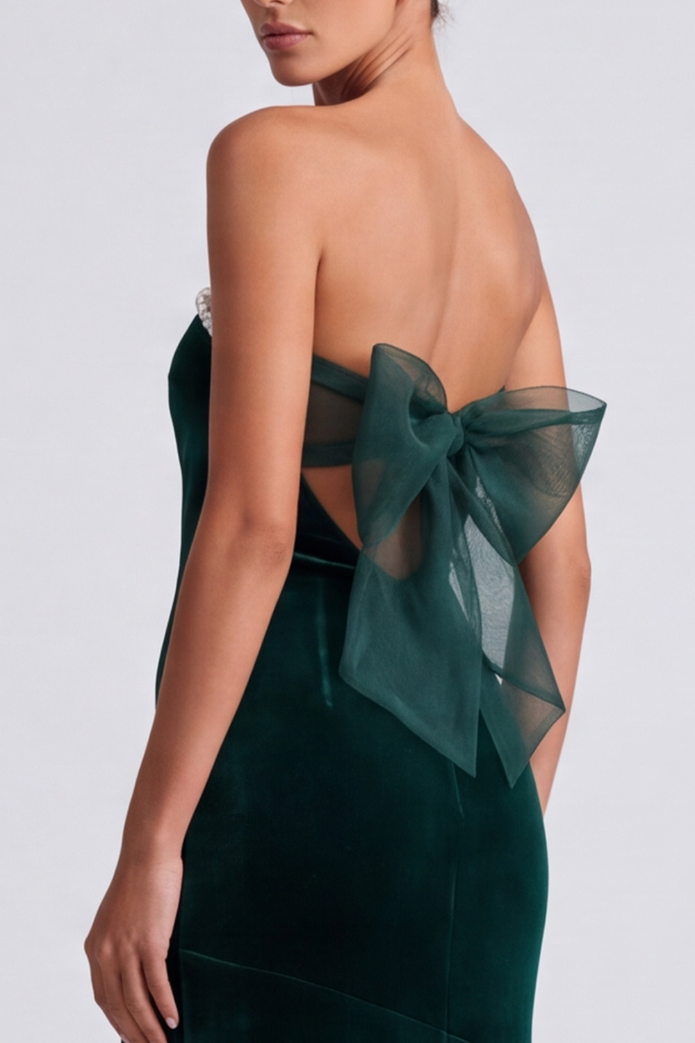 Dark Green Strapless Long Holiday Dress with Bow and Pearls