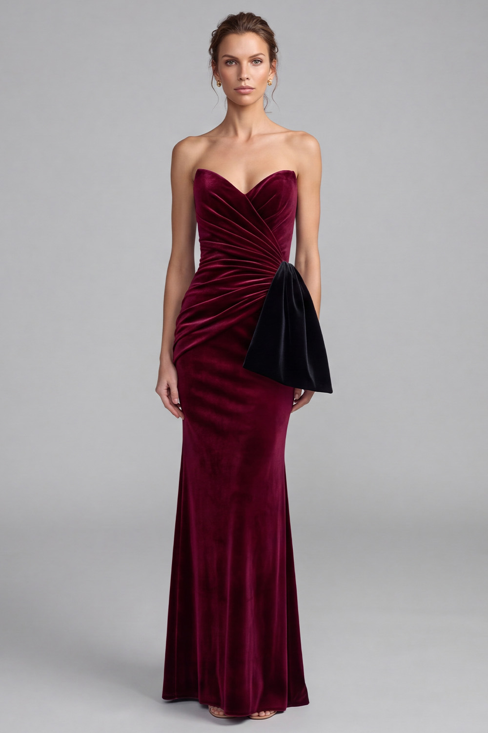 Sweetheart Burgundy Mermaid Velvet Long Holiday Dress with Bow