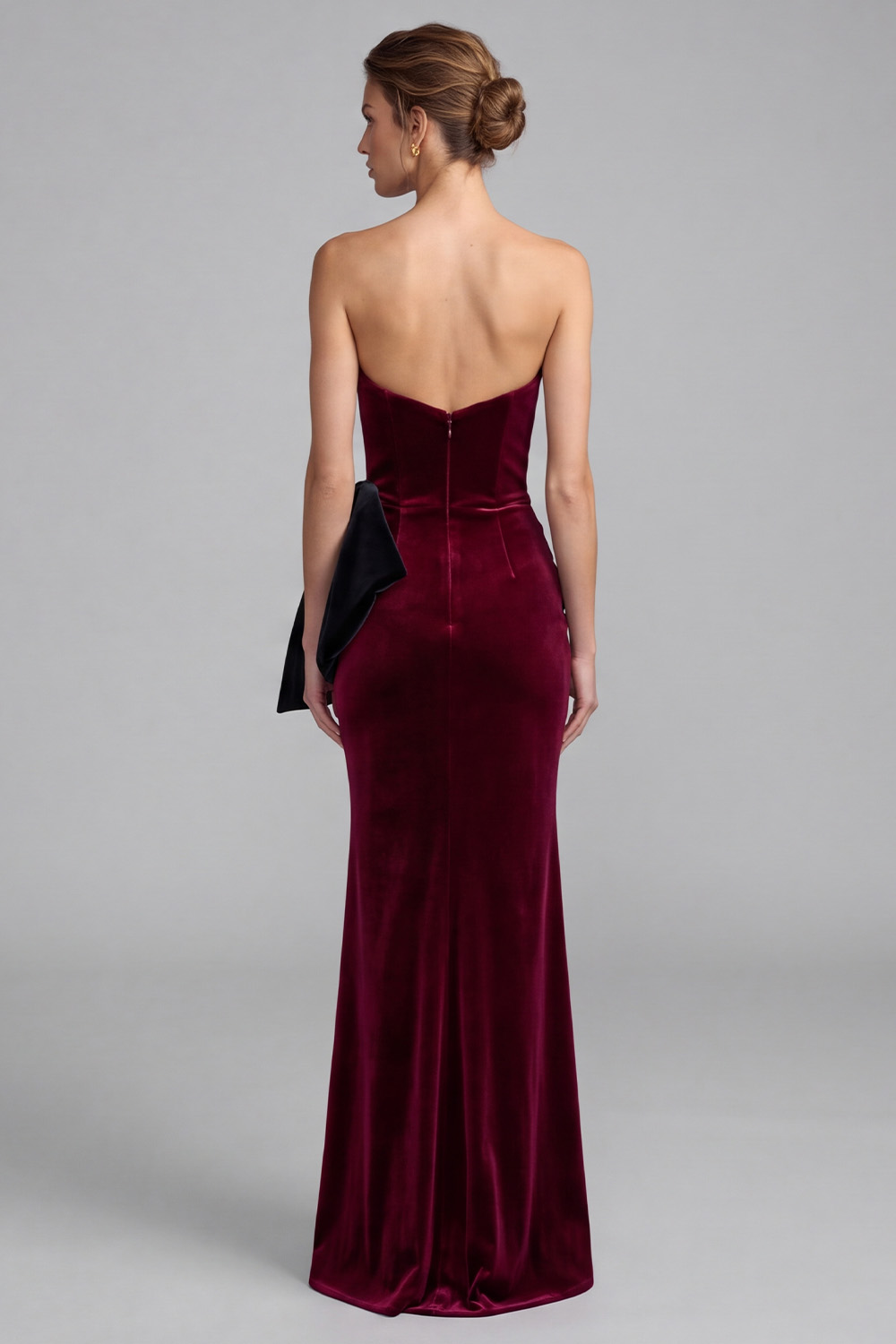 Sweetheart Burgundy Mermaid Velvet Long Holiday Dress with Bow
