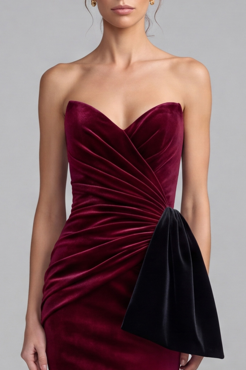 Sweetheart Burgundy Mermaid Velvet Long Holiday Dress with Bow