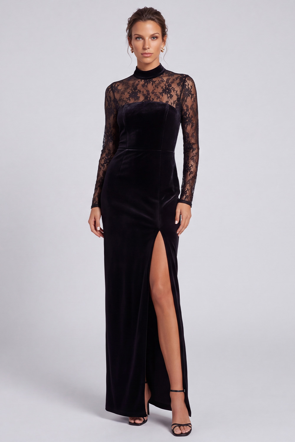 Floral Black High Neck Sheath Lace Long Holiday Dress with Slit