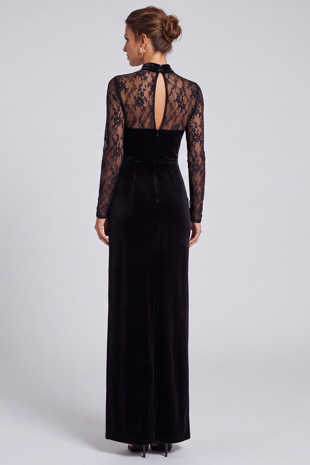 Floral Black High Neck Sheath Lace Long Holiday Dress with Slit