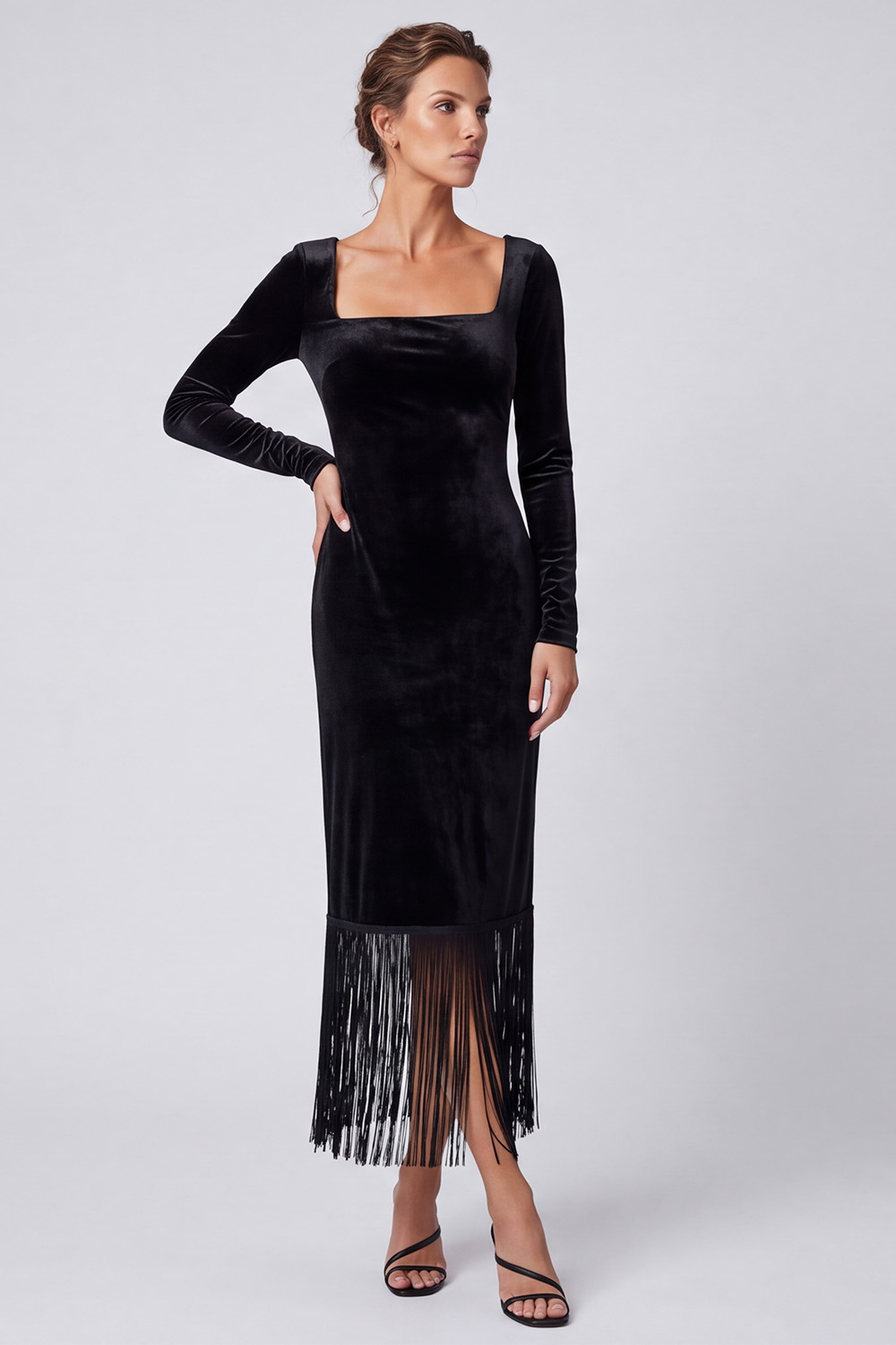 Black Sheath Square Neck Fringe Long Holiday Dress