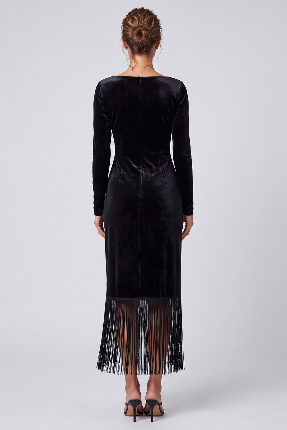 Black Sheath Square Neck Fringe Long Holiday Dress