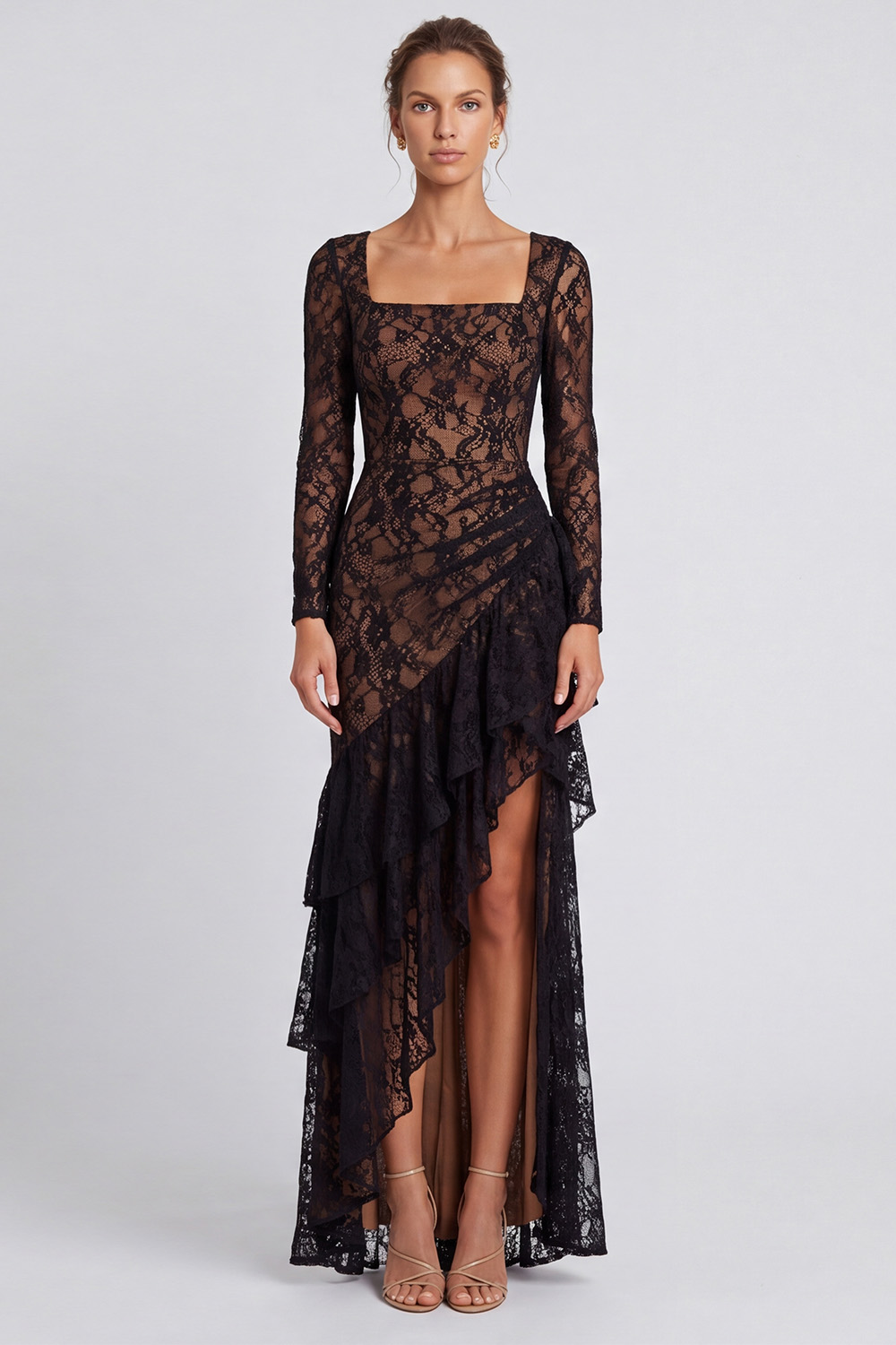 Black Lace Square Neck Ruffled Asymmetrical Long Holiday Dress
