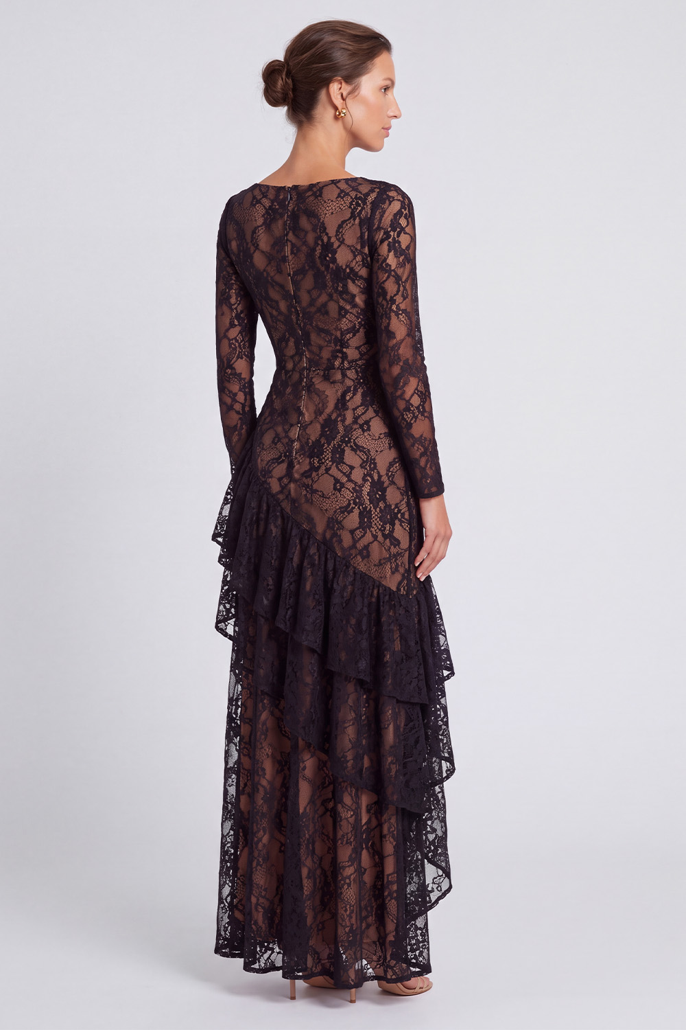Black Lace Square Neck Ruffled Asymmetrical Long Holiday Dress
