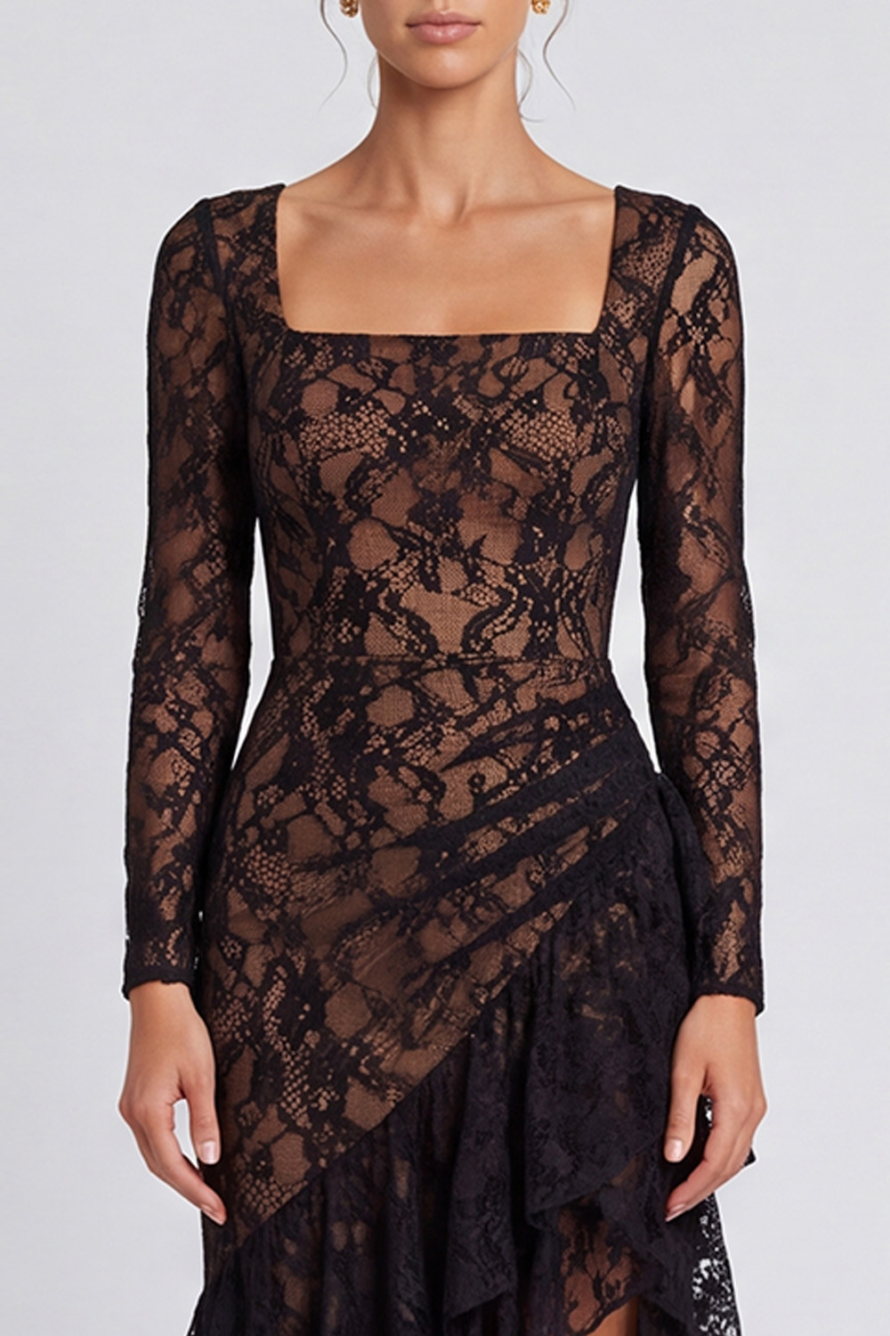 Black Lace Square Neck Ruffled Asymmetrical Long Holiday Dress