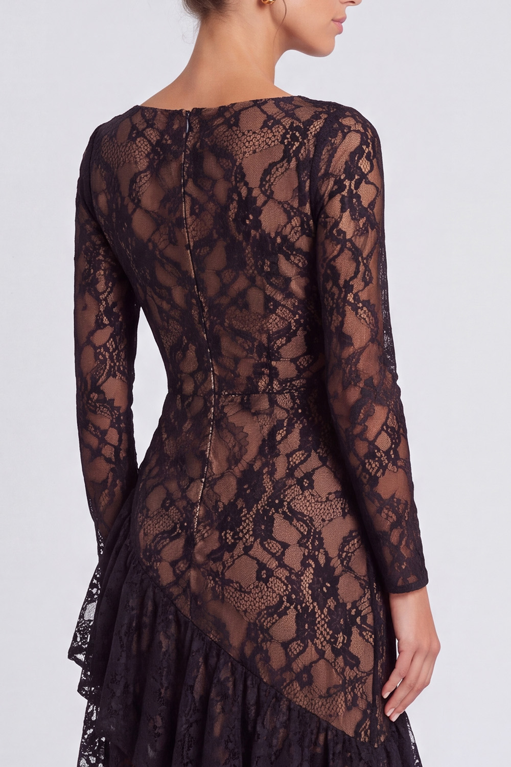Black Lace Square Neck Ruffled Asymmetrical Long Holiday Dress