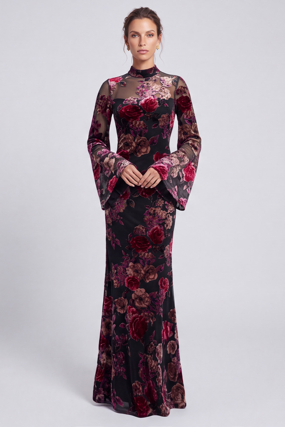 Black Red Flower Mermaid High Neck Long Holiday Dress