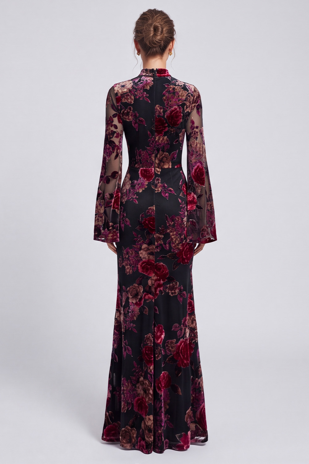 Black Red Flower Mermaid High Neck Long Holiday Dress