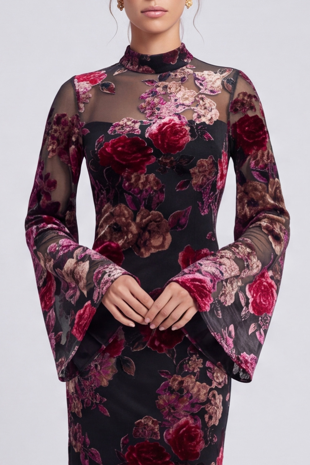 Black Red Flower Mermaid High Neck Long Holiday Dress