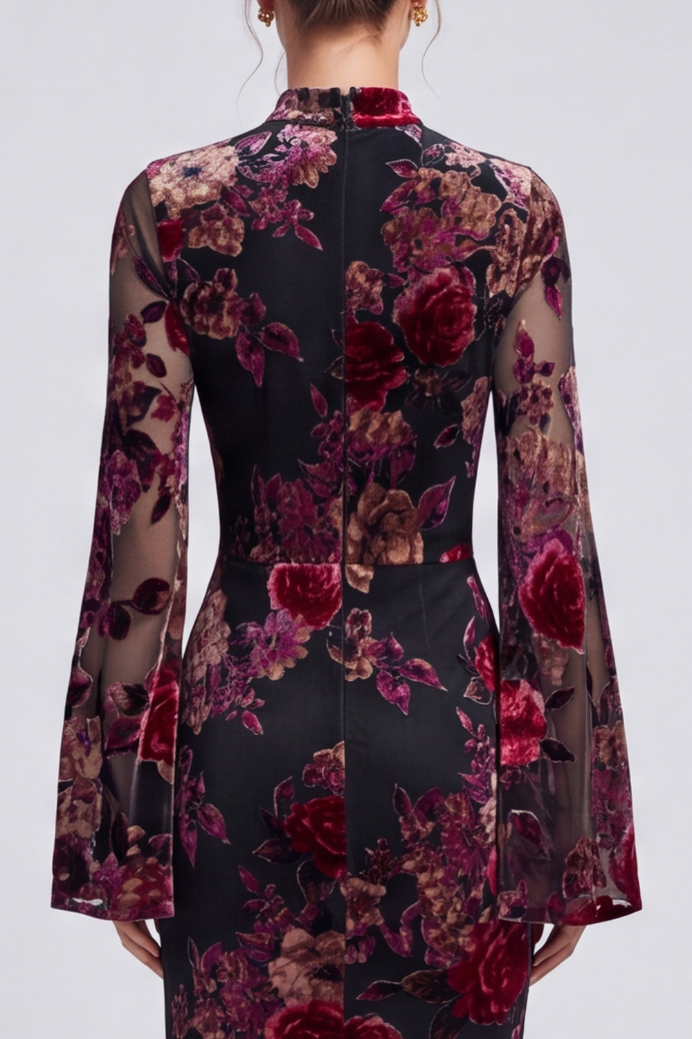 Black Red Flower Mermaid High Neck Long Holiday Dress