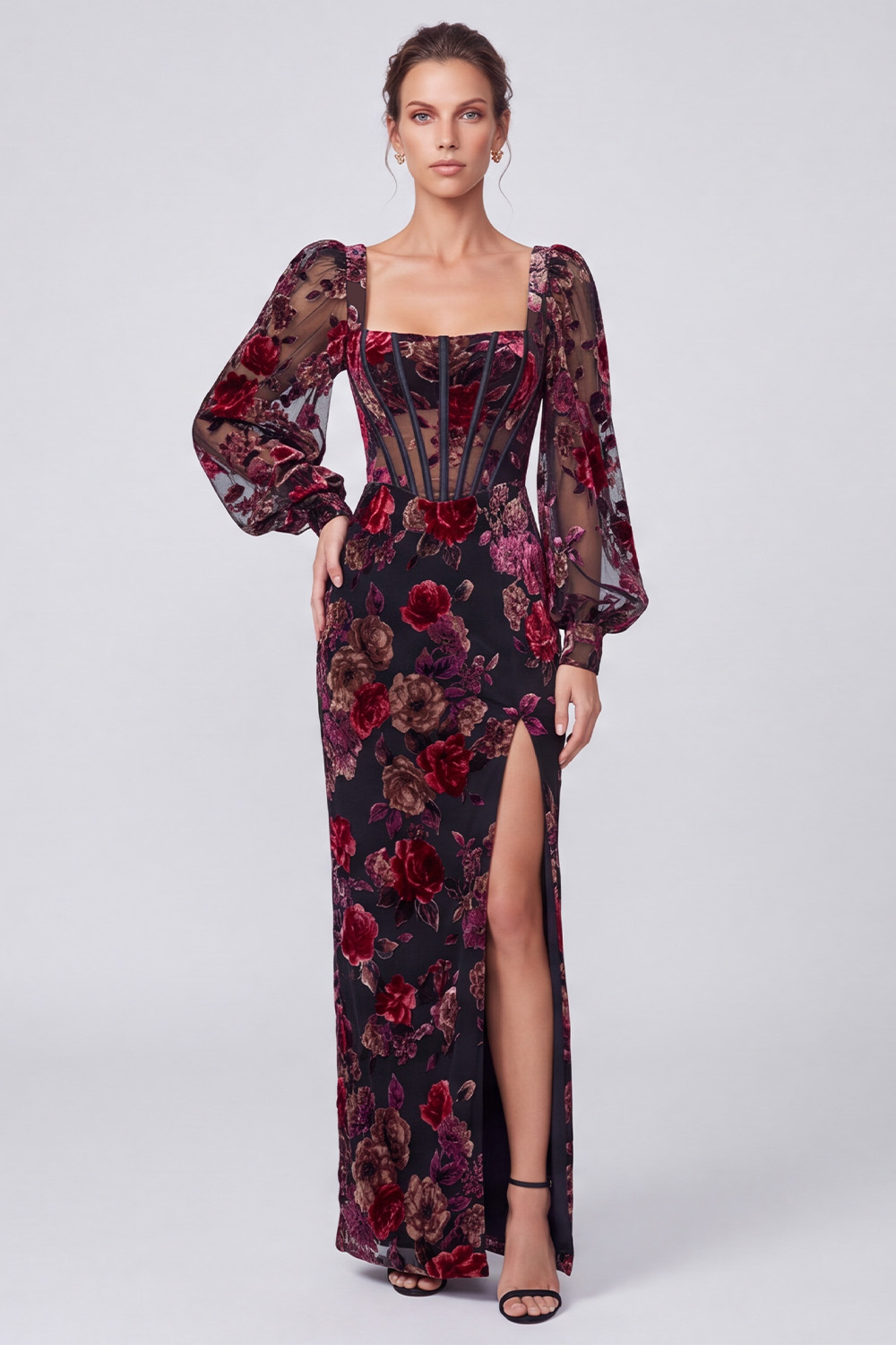 Black Red Flower Corset Square Neck Long Holiday Dress with Slit