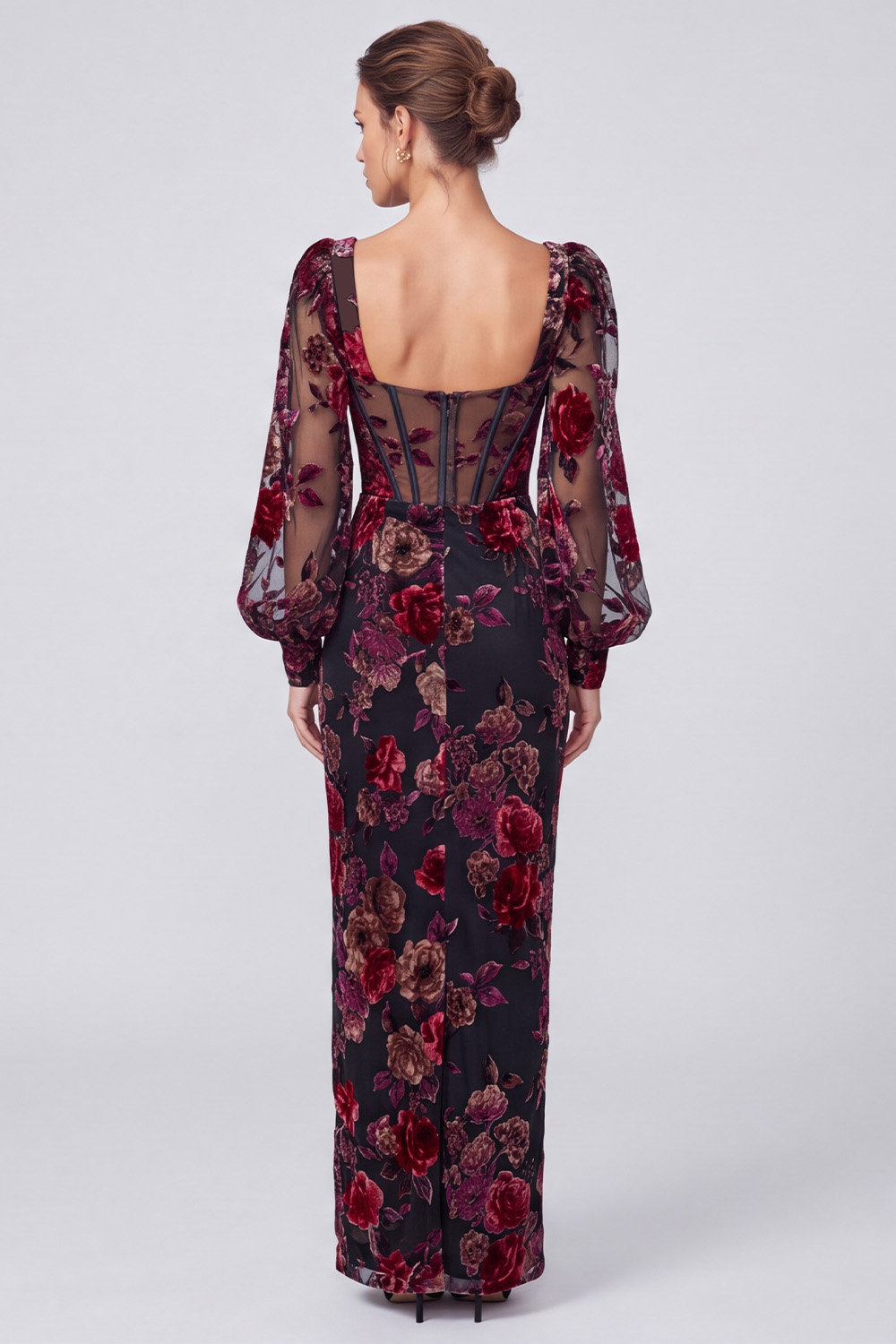 Black Red Flower Corset Square Neck Long Holiday Dress with Slit