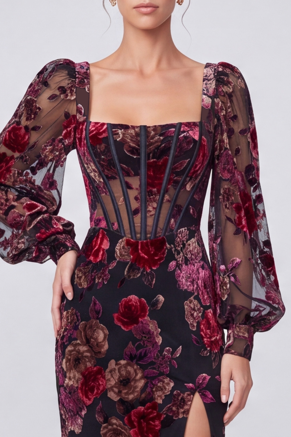 Black Red Flower Corset Square Neck Long Holiday Dress with Slit