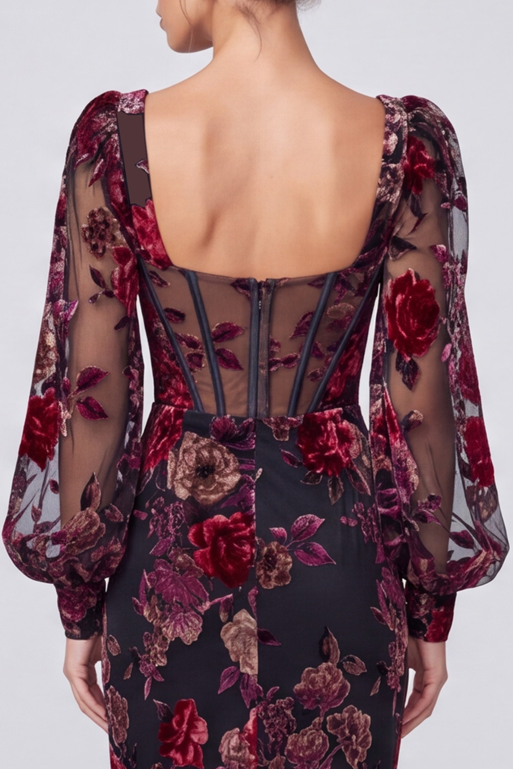 Black Red Flower Corset Square Neck Long Holiday Dress with Slit