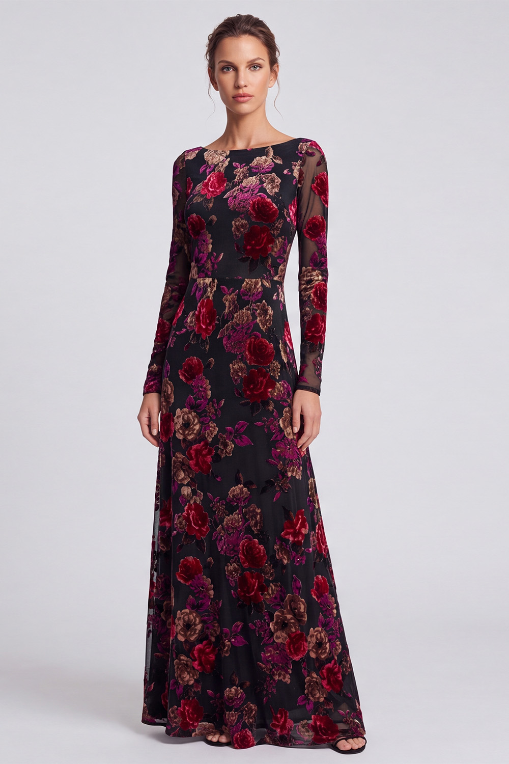 Black Red Flower Boat Neck Sheath Long Holiday Dress