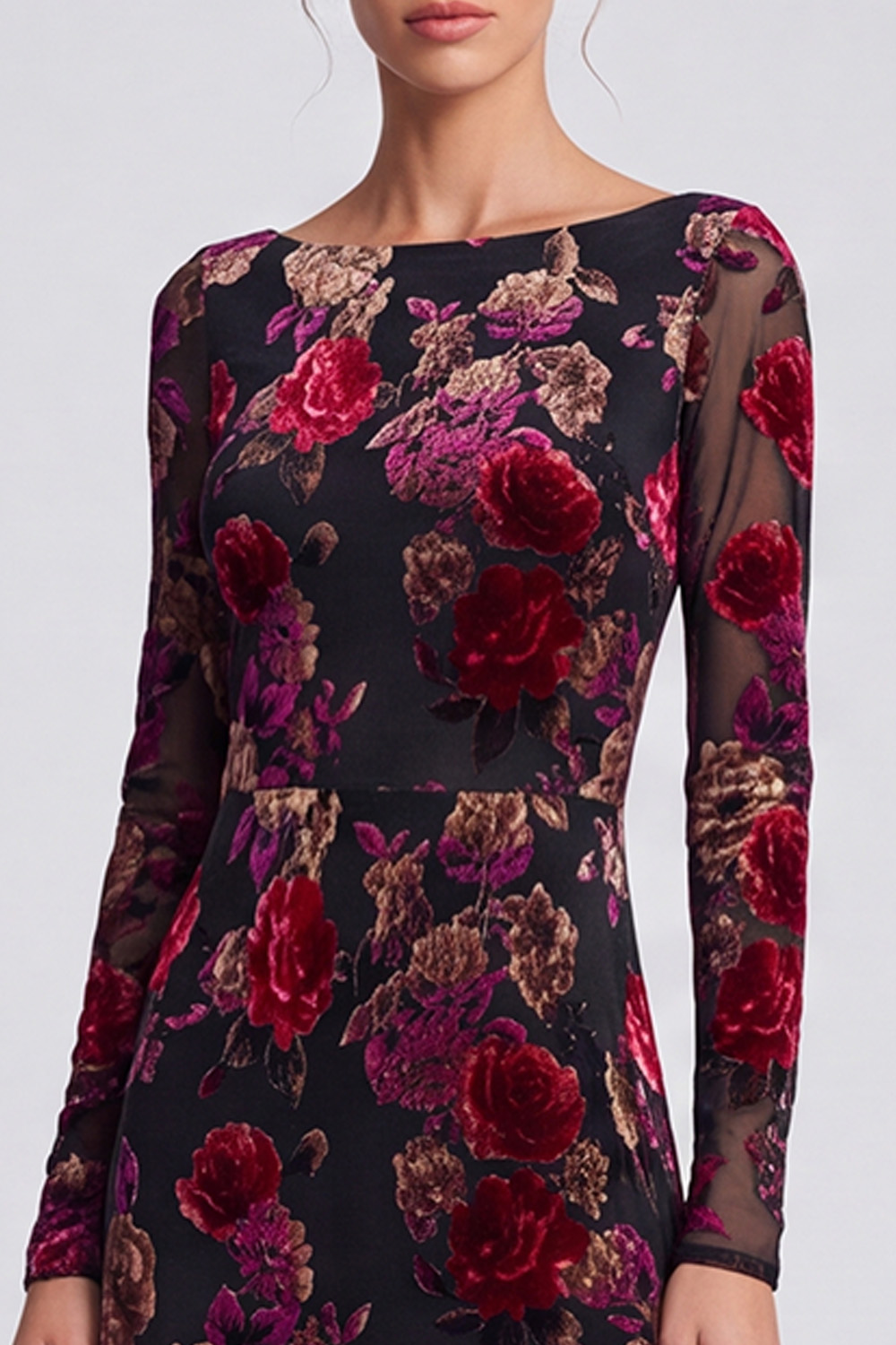 Black Red Flower Boat Neck Sheath Long Holiday Dress
