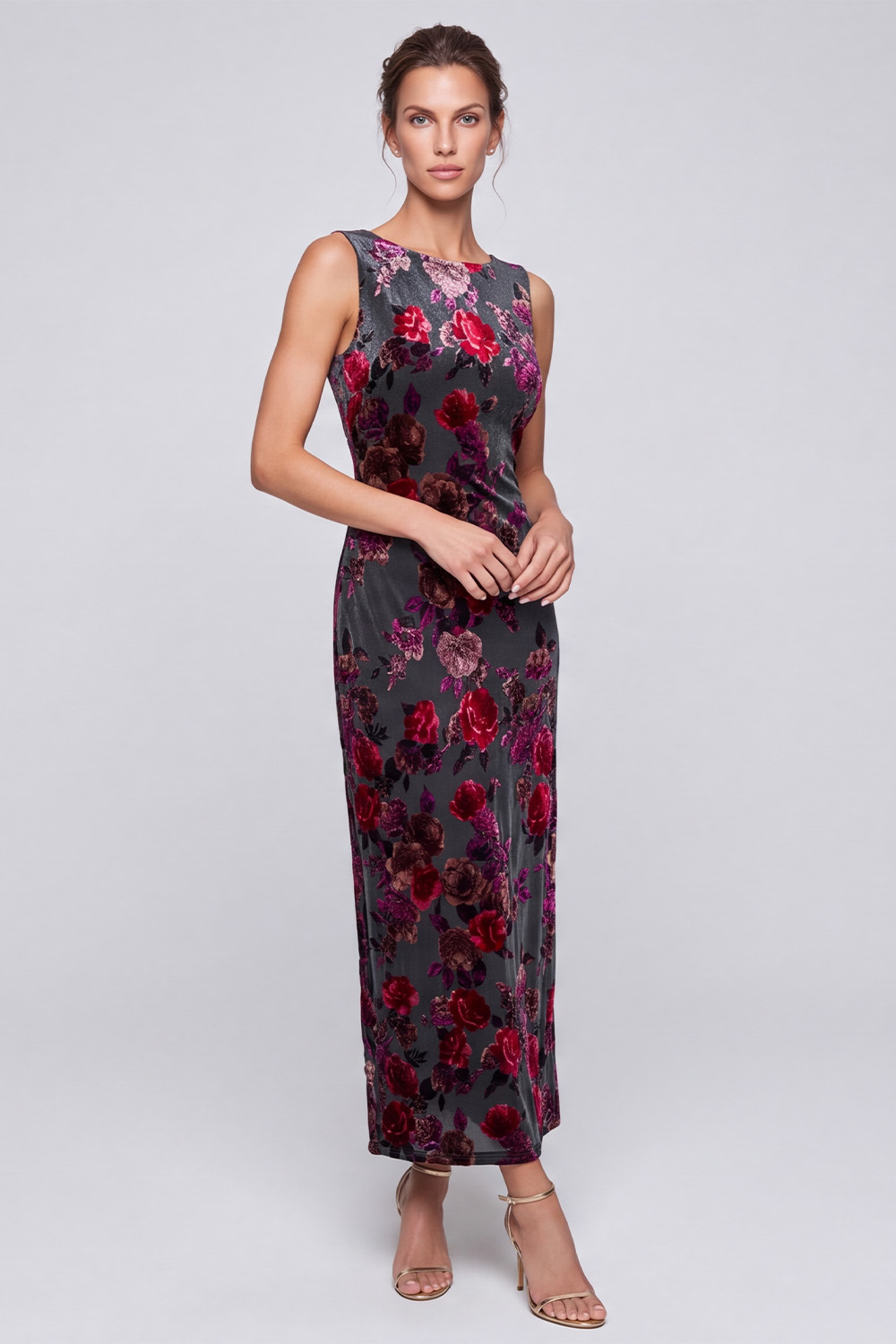 Grey Red Flower Open Back Sheath Long Holiday Dress with Bow