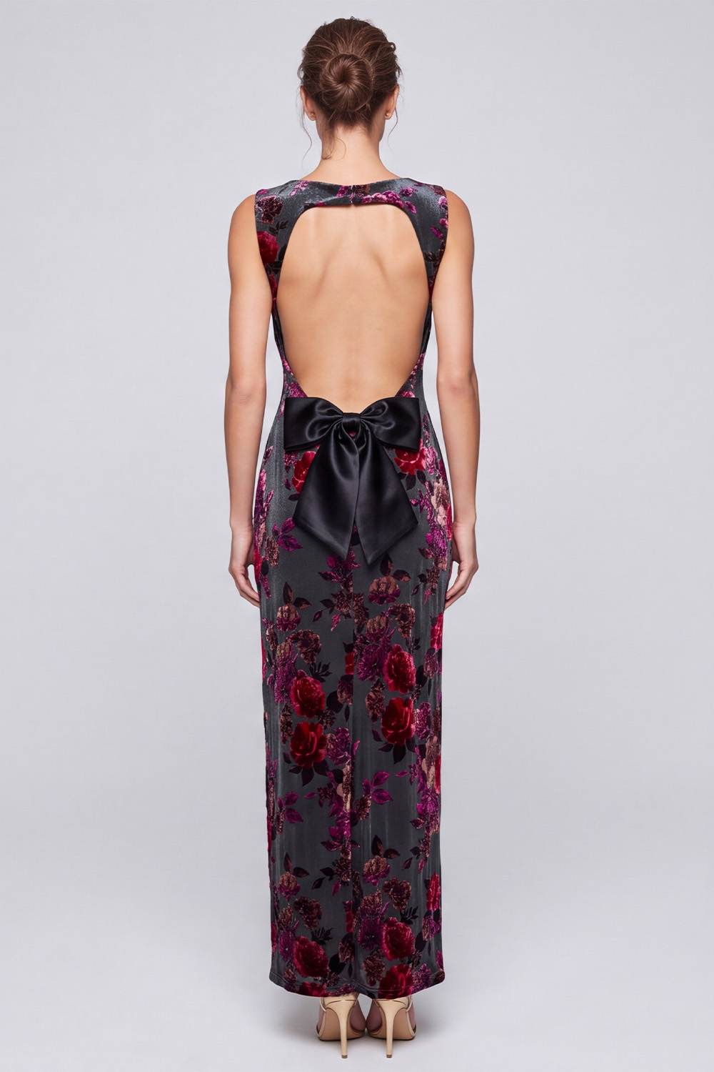 Grey Red Flower Open Back Sheath Long Holiday Dress with Bow