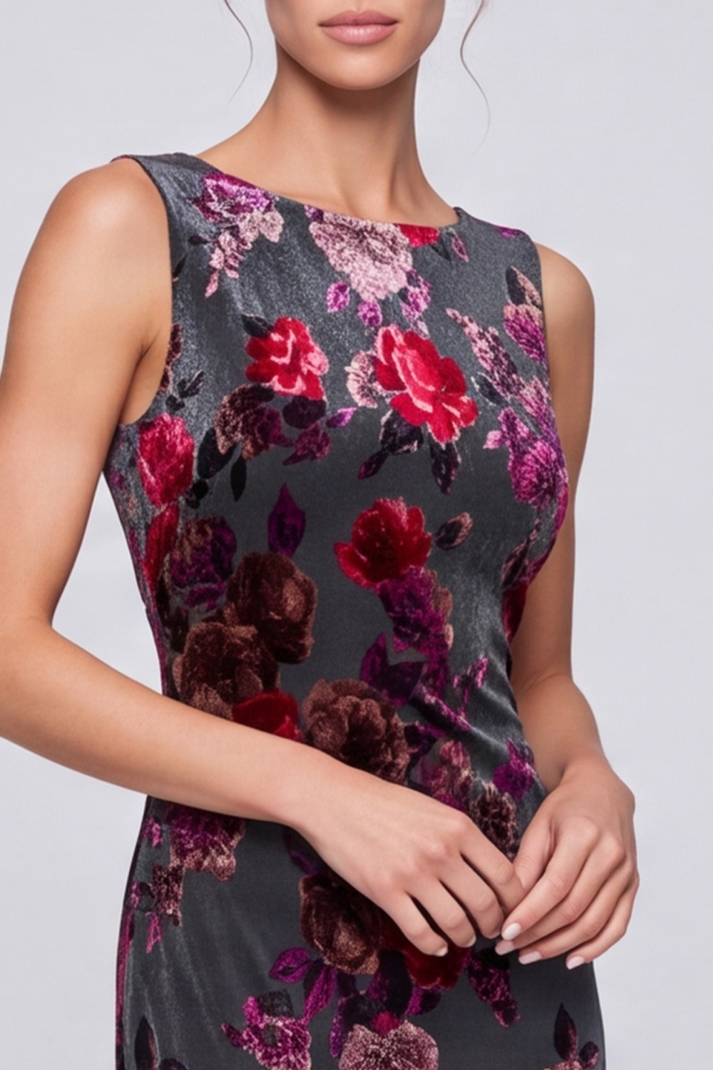 Grey Red Flower Open Back Sheath Long Holiday Dress with Bow