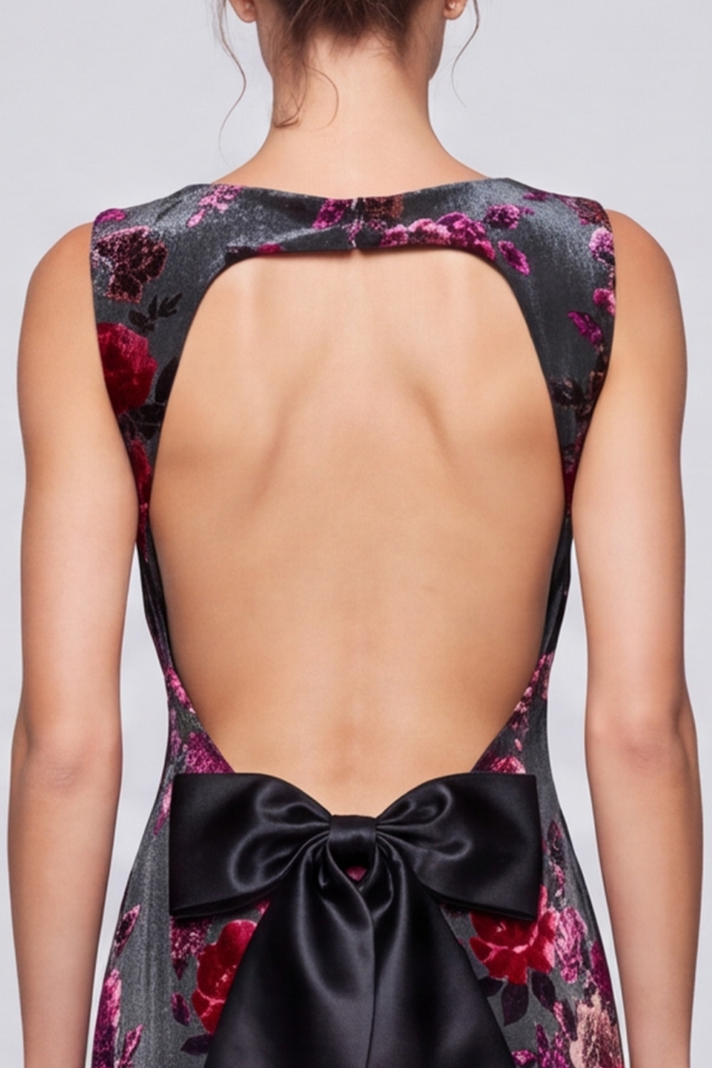Grey Red Flower Open Back Sheath Long Holiday Dress with Bow