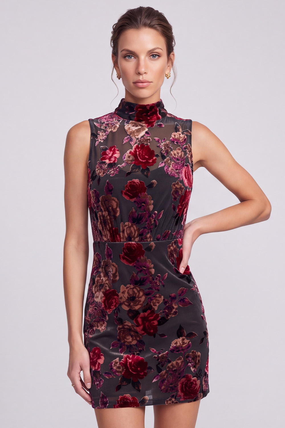 Black Red Flower High Neck Keyhole Short Holiday Dress