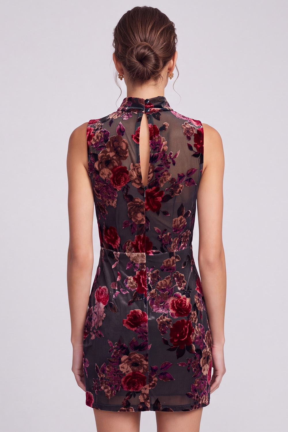 Black Red Flower High Neck Keyhole Short Holiday Dress