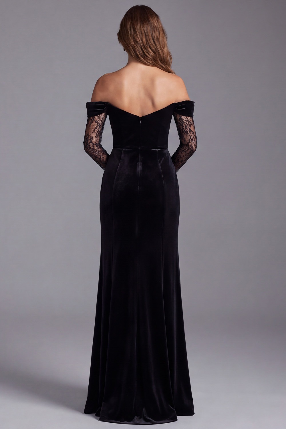 Black Sheath Off the Shoulder Velvet Lace Long Holiday Dress with Sleeves