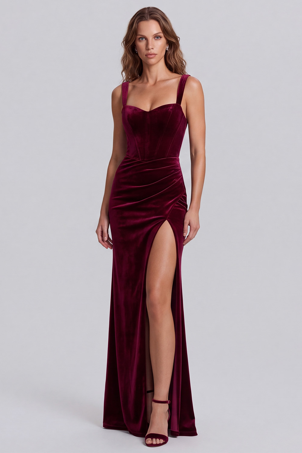 Burgundy Velvet Corset Ruched Sheath Long Holiday Dress with Slit