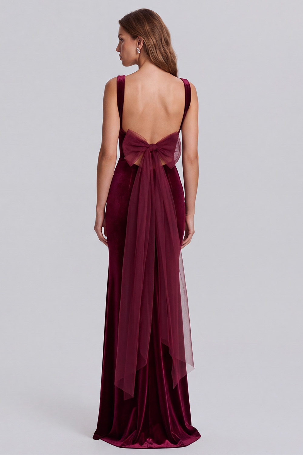 Burgundy Velvet Corset Ruched Sheath Long Holiday Dress with Slit