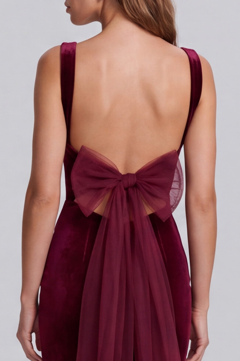 Burgundy Velvet Corset Ruched Sheath Long Holiday Dress with Slit