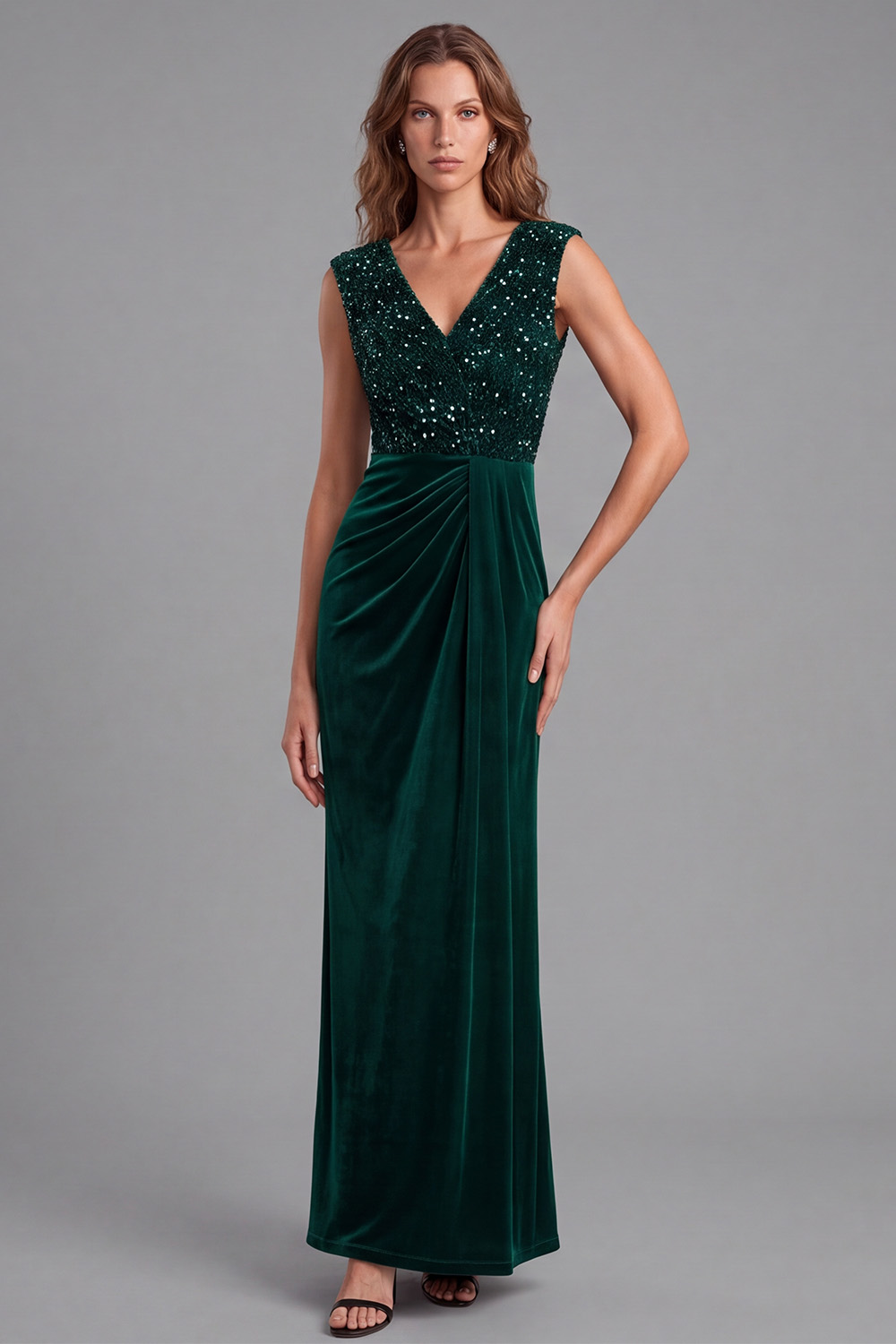 Dark Green Sheath Sparkly Sequin V-Neck Velvet Ruched Long Holiday Dress 