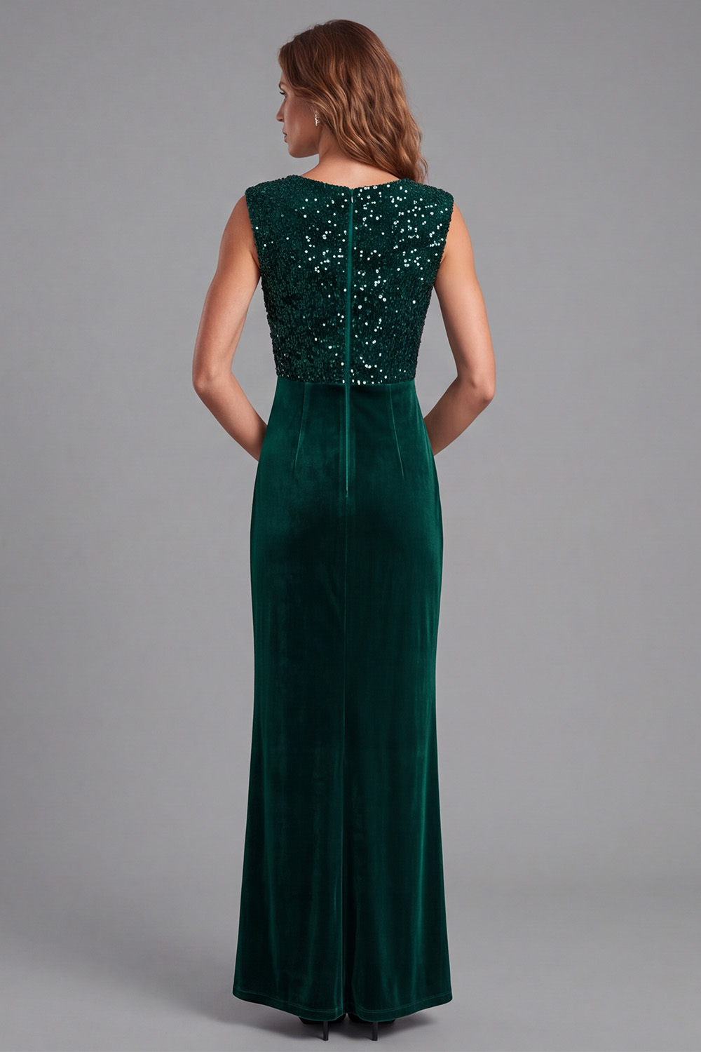 Dark Green Sheath Sparkly Sequin V-Neck Velvet Ruched Long Holiday Dress