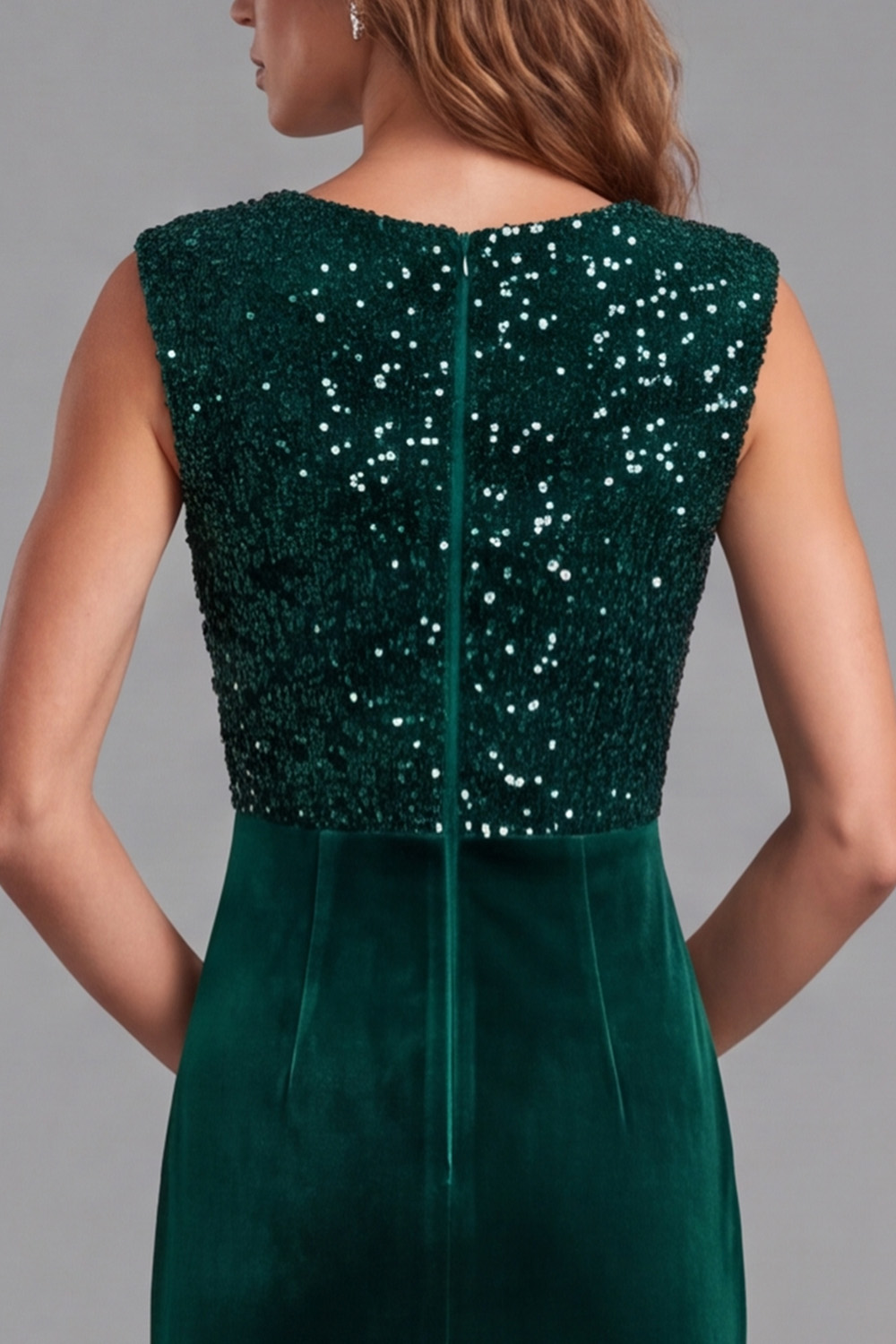 Dark Green Sheath Sparkly Sequin V-Neck Velvet Ruched Long Holiday Dress