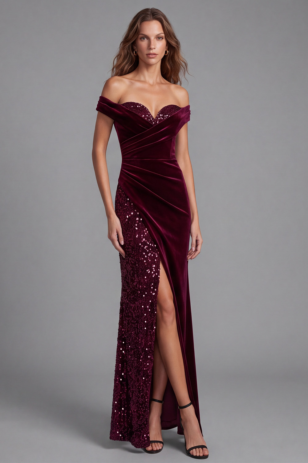 Burgundy Sheath Off the Shoulder Velvet Ruched Long Holiday Dress with Slit