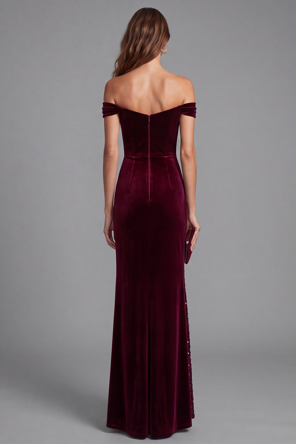 Burgundy Sheath Sparkly Sequin Off the Shoulder Velvet Ruched Long Holiday Dress with Slit