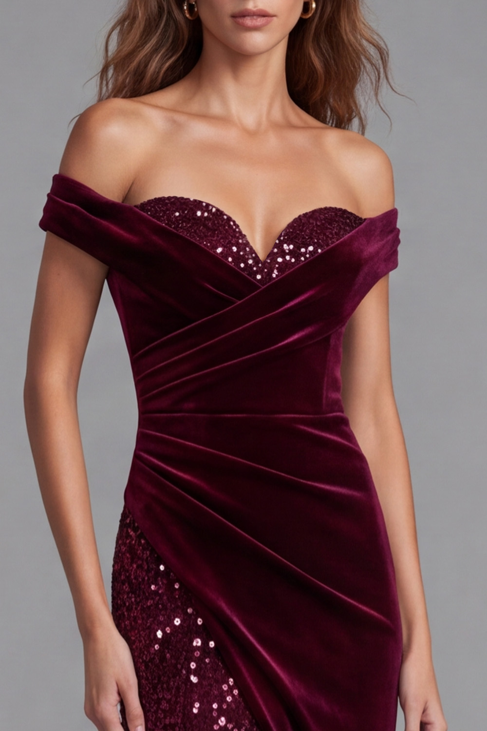 Burgundy Sheath Sparkly Sequin Off the Shoulder Velvet Ruched Long Holiday Dress with Slit