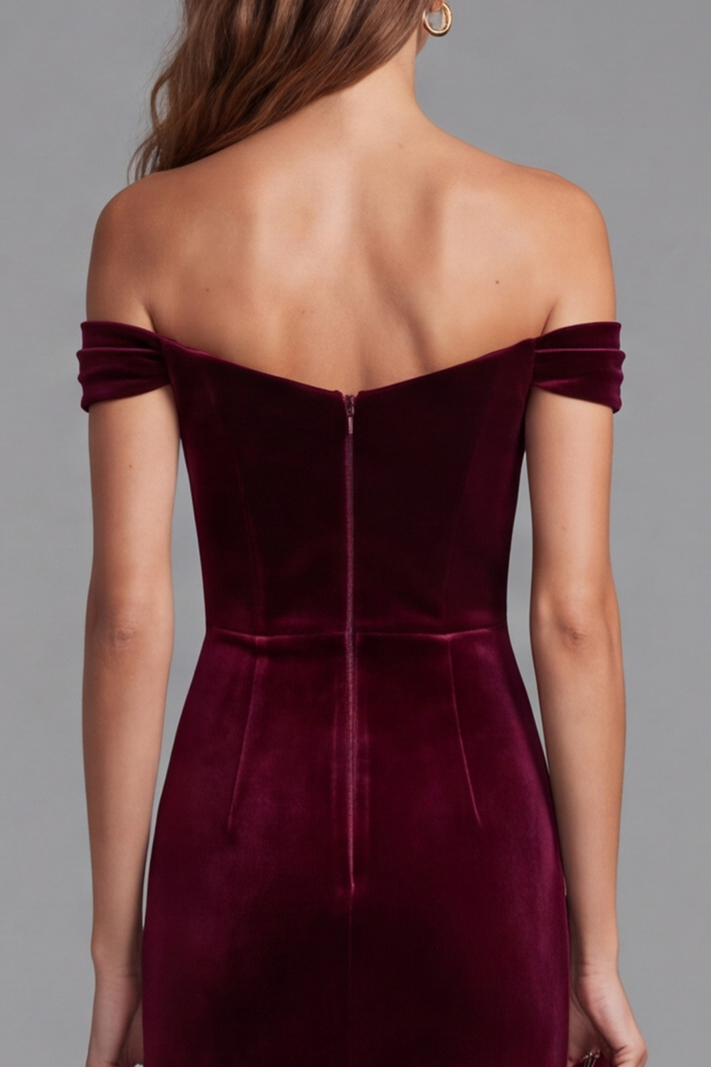 Burgundy Sheath Sparkly Sequin Off the Shoulder Velvet Ruched Long Holiday Dress with Slit