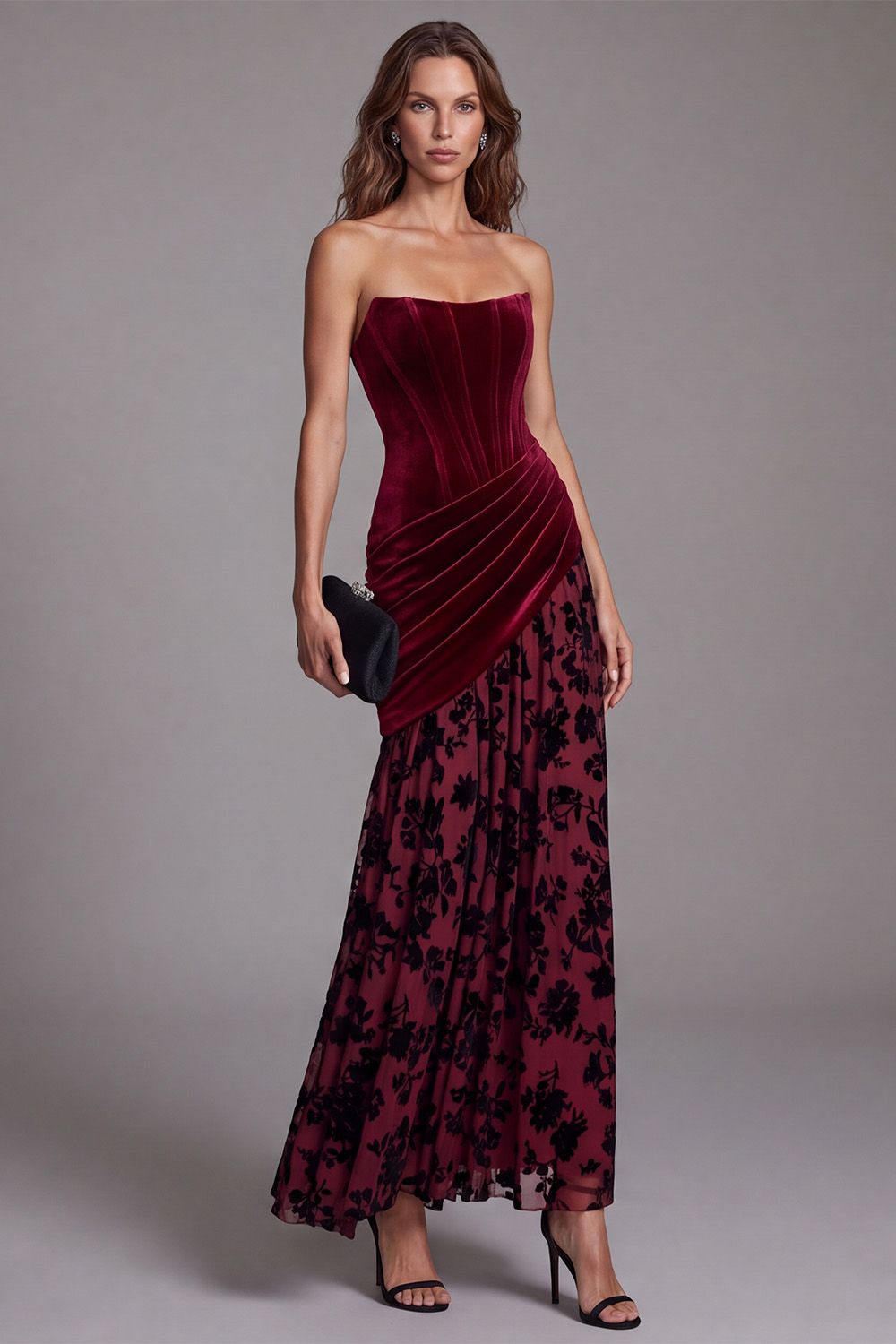 Burgundy Corset Floral Strapless Ruched Long Holiday Dress 