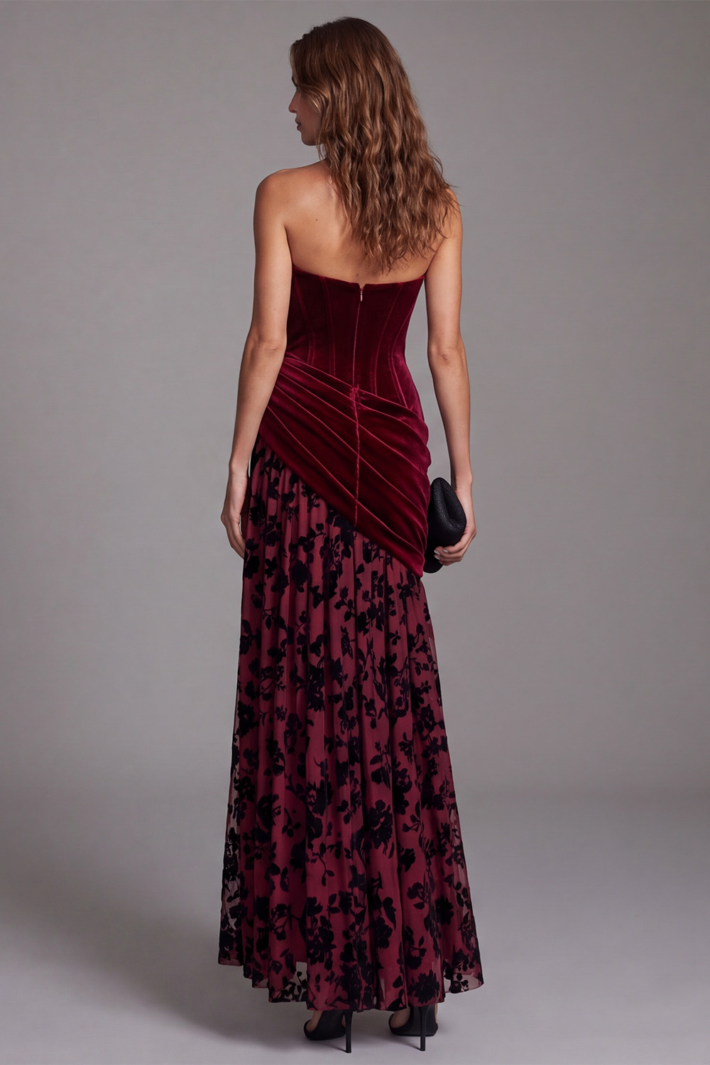 Burgundy Corset Floral Strapless Ruched Long Holiday Dress 