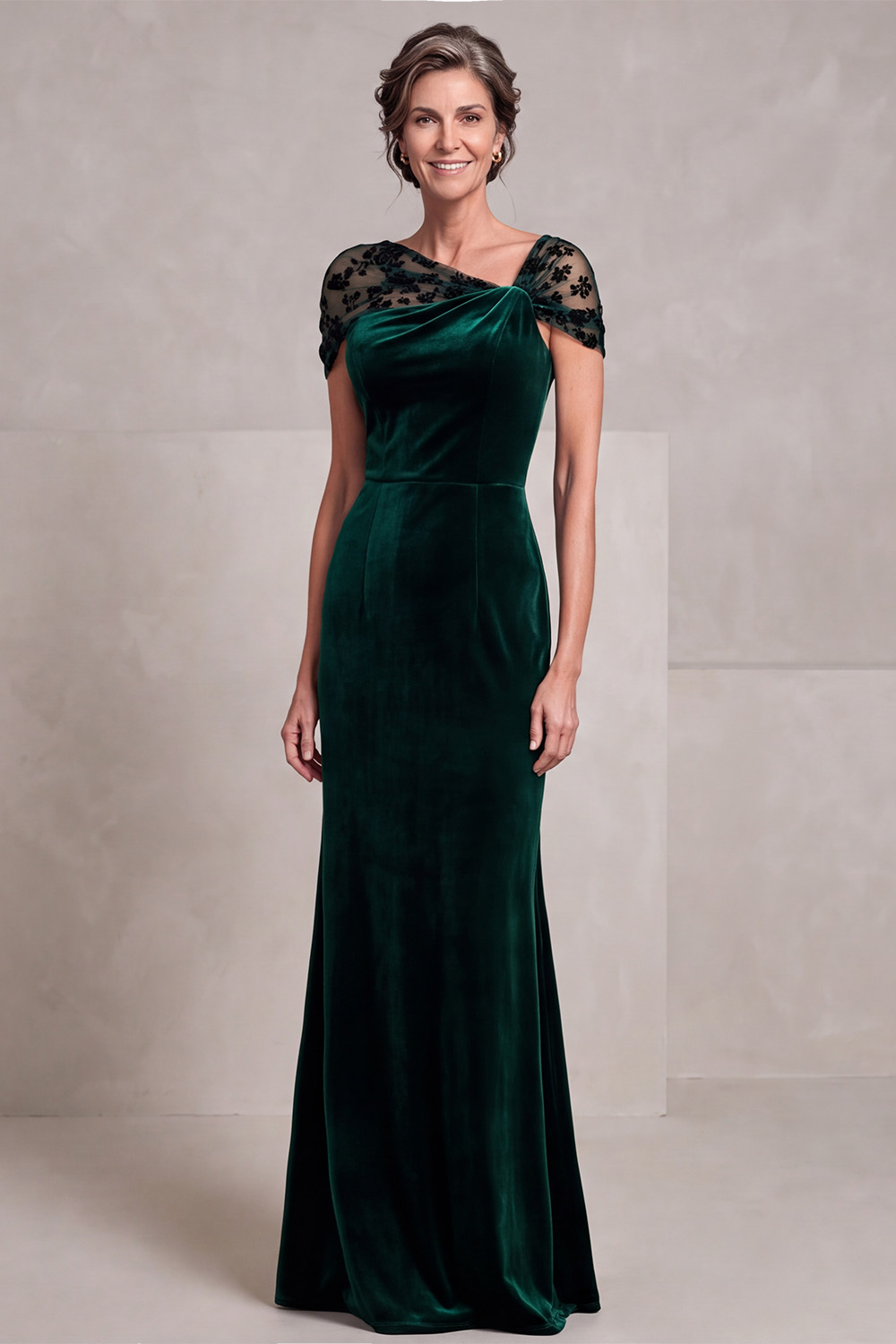 Dark Green Sheath Floral Velvet Long Mother of the Bride Dress