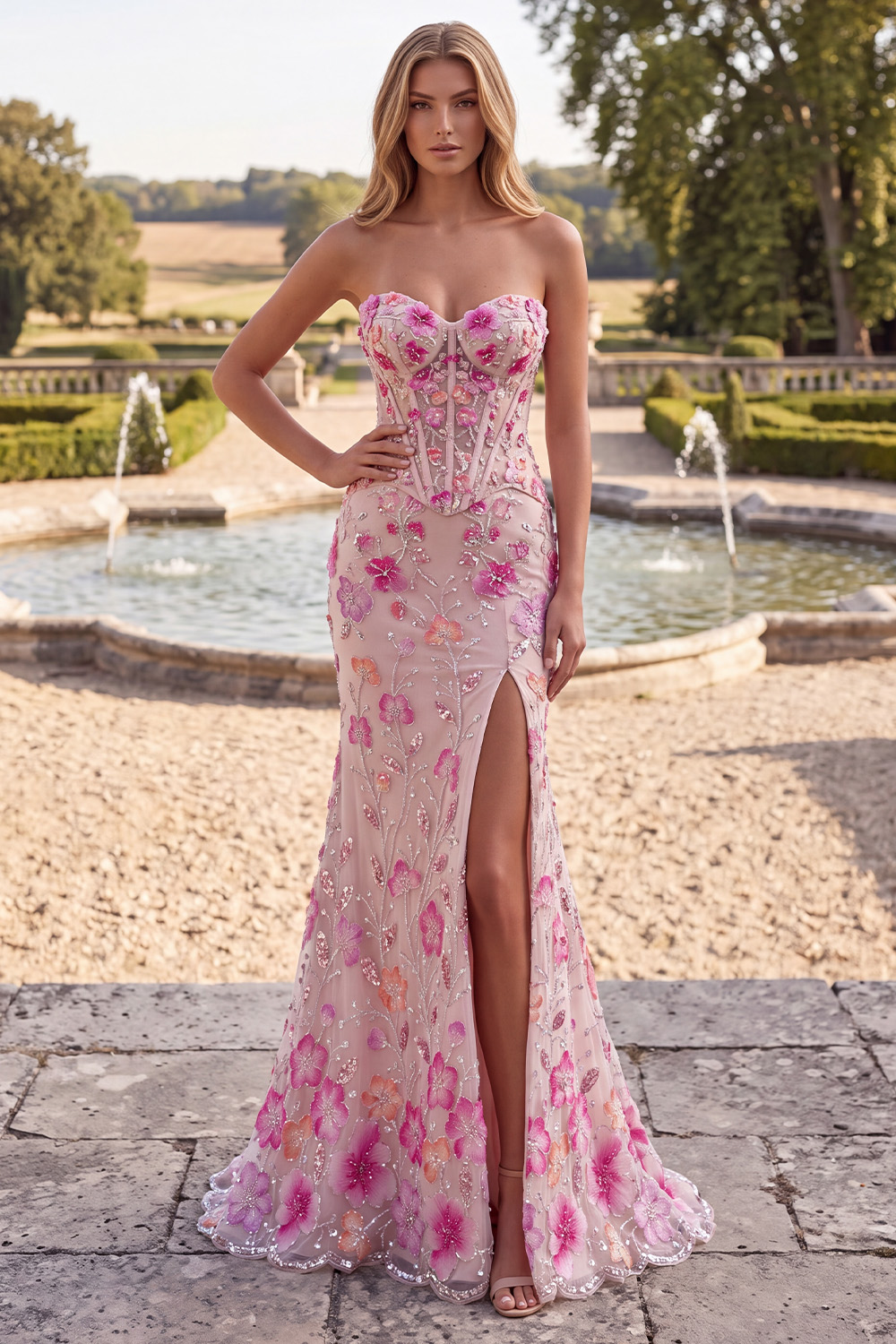 Floral Sparkly Pink Corset Long Prom Dress with Rhinestone