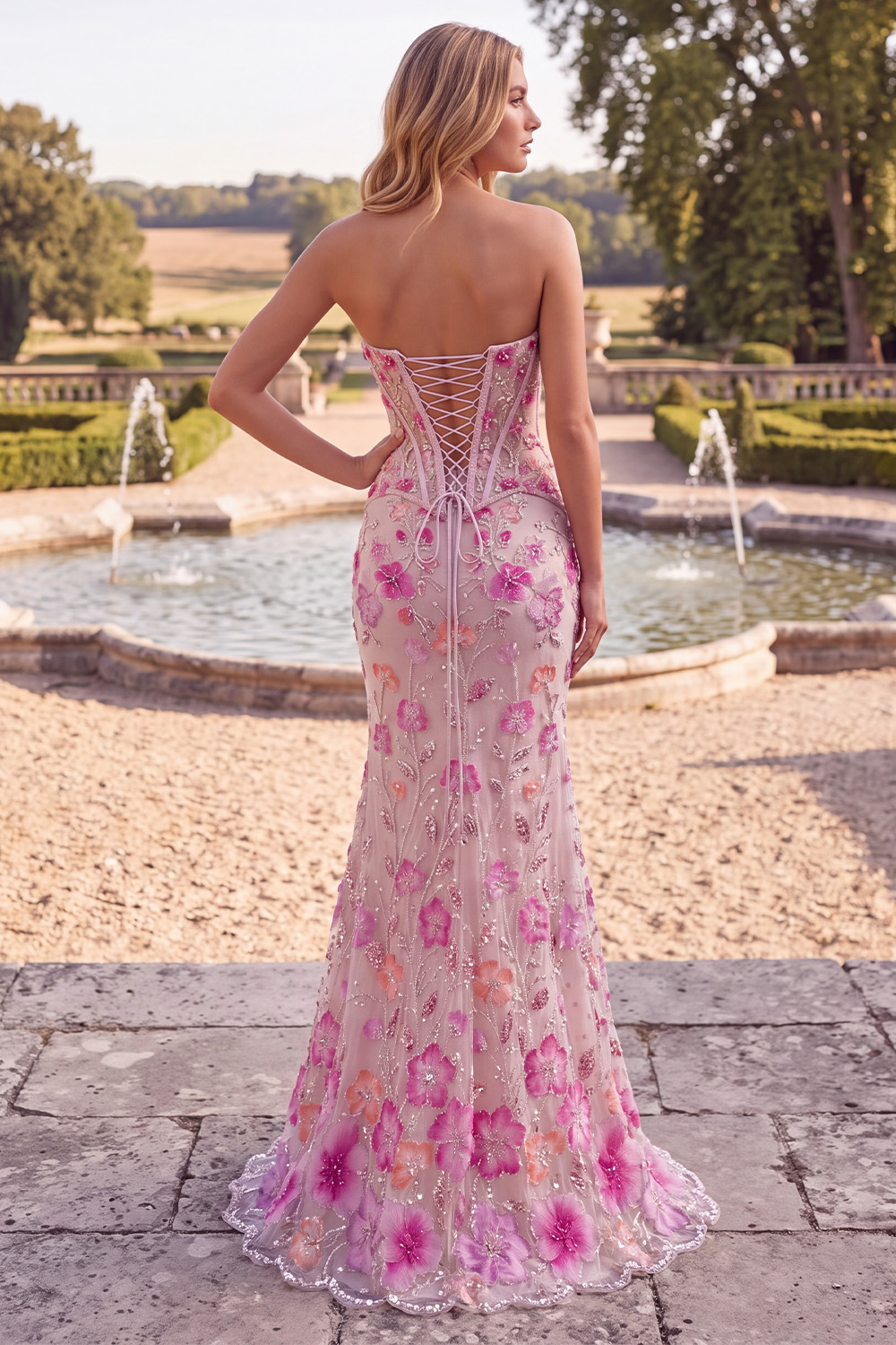 Floral Sparkly Pink Corset Long Prom Dress with Rhinestone