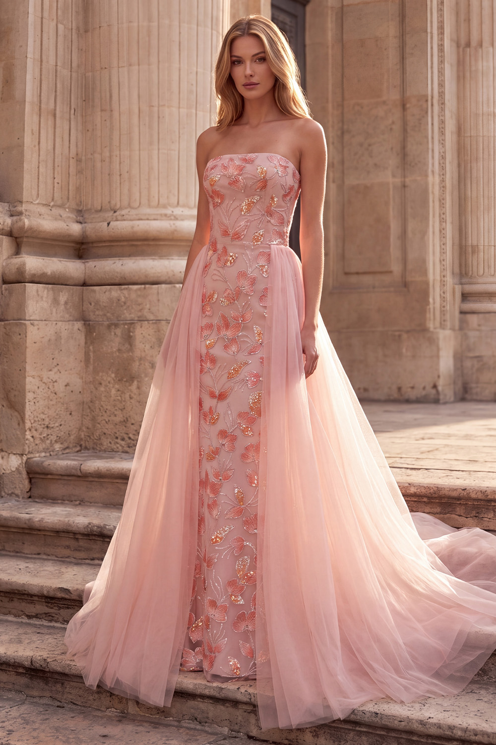 Pink Floral Sparkly Strapless A Line Sequin Sweep Train Prom Dress