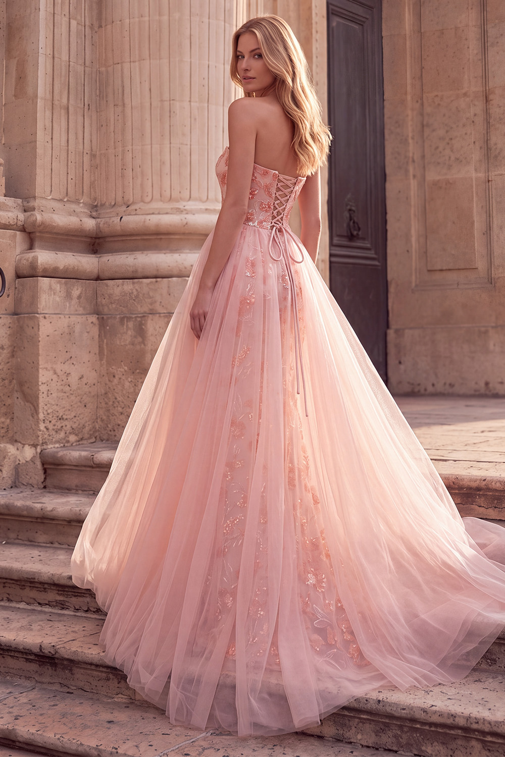 Pink Floral Sparkly Strapless A Line Sequin Sweep Train Prom Dress