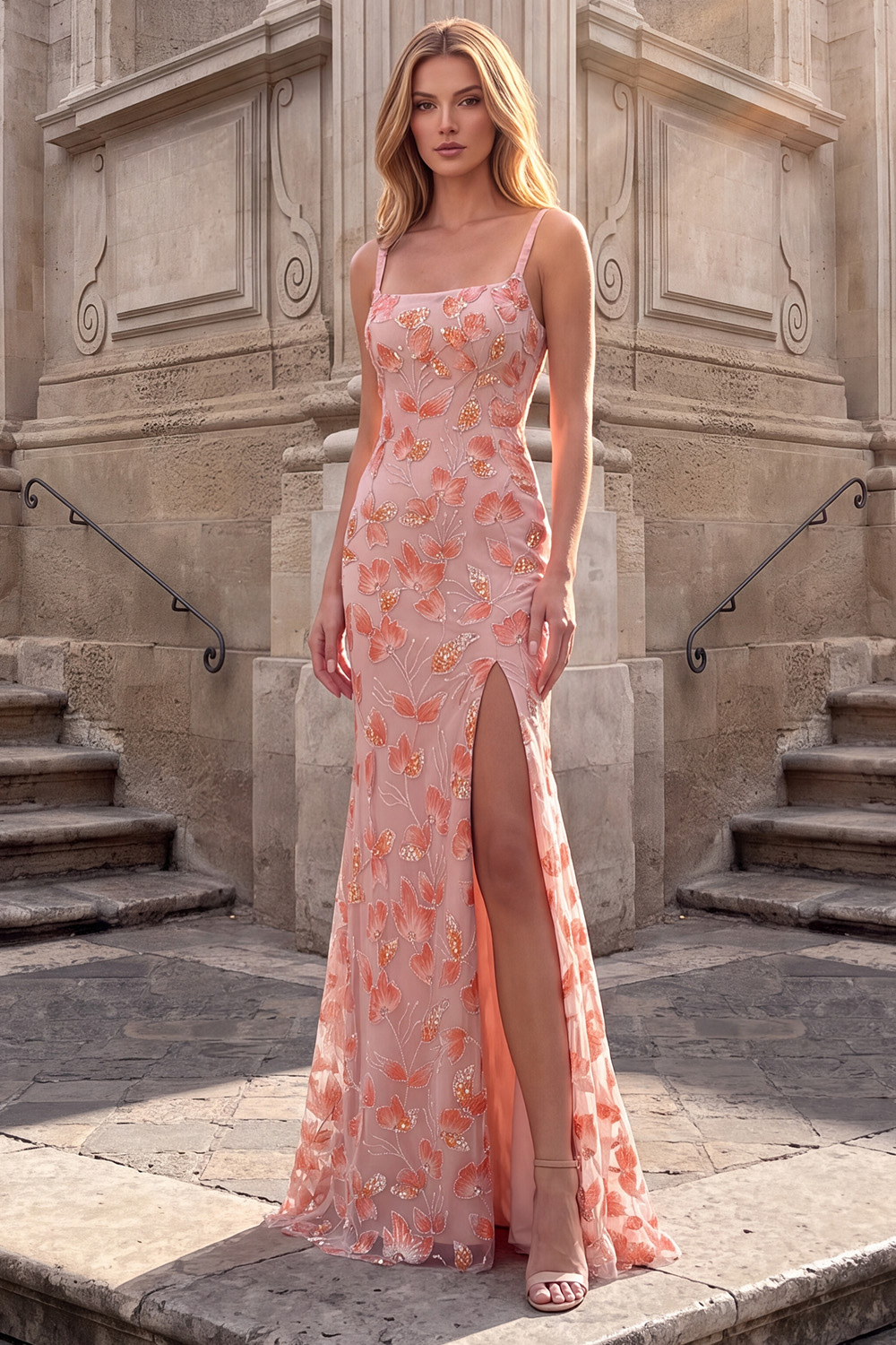 Pink Floral Sparkly Sequin Mermaid Long Prom Dress with Slit