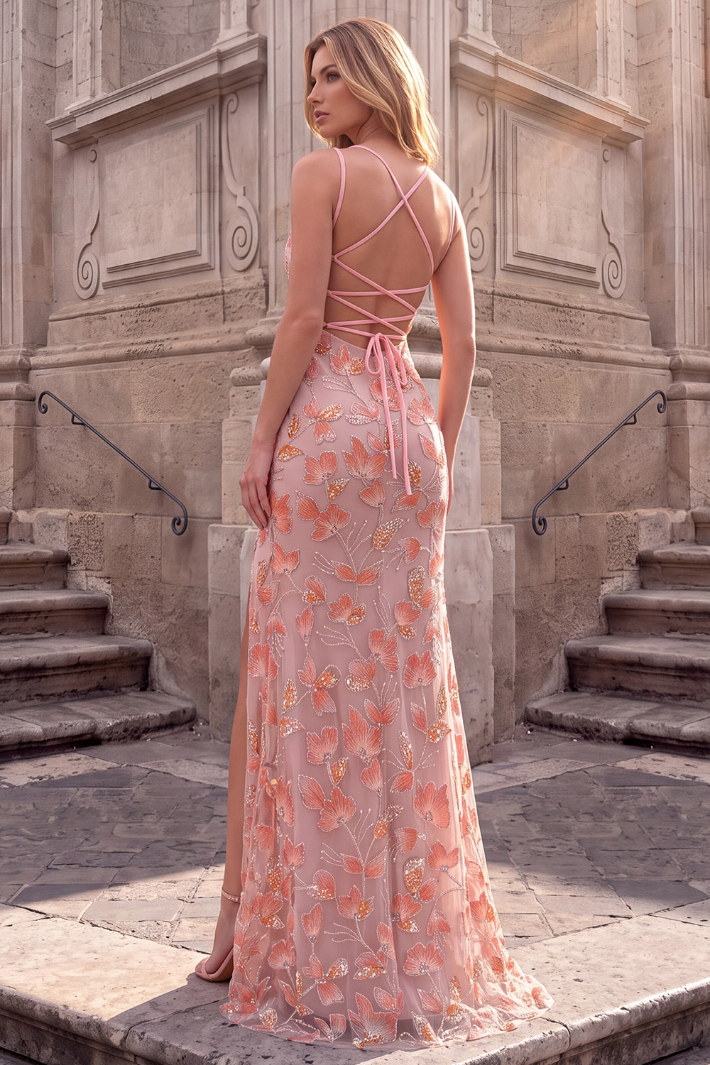 Pink Floral Sparkly Sequin Mermaid Long Prom Dress with Slit